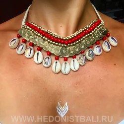 Ожерелье с ракушками и монетками красное