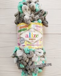 Пряжа Ализе Пуффи Колор (Alize Puffy Color) 6076 белый/серый/ментол