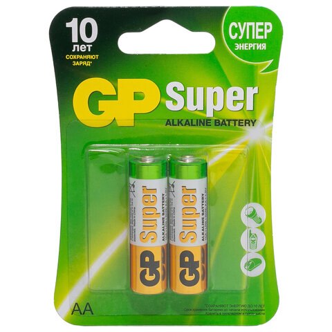 Батарейки КОМПЛЕКТ 2 шт., GP Super, AA (LR6, 15А)
