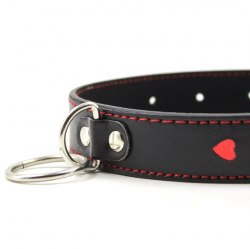 Кожаный тонкий чёрный ошейник с красными сердечками / арт. 21072-13