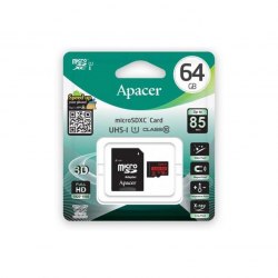 Карта памяти microSDXC 64GB, Apacer AP64GMCSX10U1-R ,MemoryCard Class 10, 80R/20W, + adapter SD