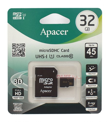 Карта памяти microSDHC 32GB, Apacer AP32GMCSH10U1-R ,MemoryCard Class 10, 80R/20W, + adapter SD