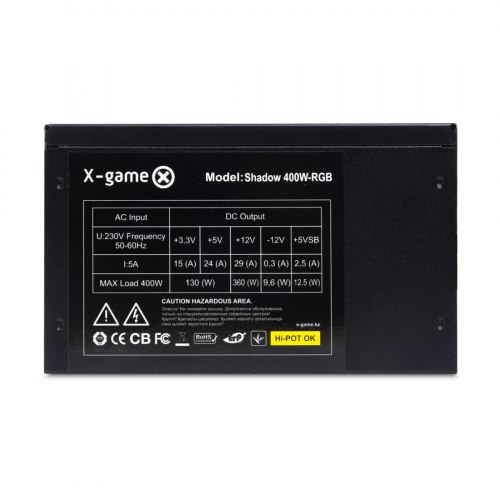 Блок питания, X-Game, Shadow 400W-RGB, 400W, ATX, 20+4pin, 4pin, 3*Sata, 2*Molex, 1*PCI-E 6 pin, Вентилятор 12 см, RGB подсветка , Кабель питания