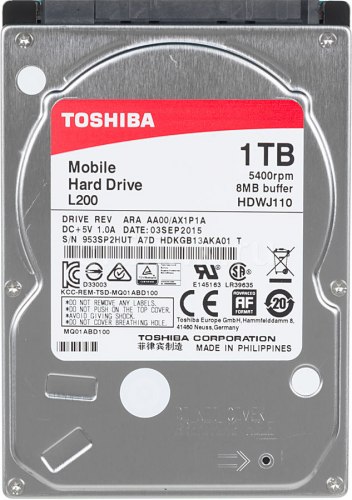 Жесткий диск 2.5" Toshiba L200, 1 TB ,HDD HDWJ110UZSVA, 5400rpm, 8MB, for NoteBook, 9.5mm, SATA 3Gb/s, bulk