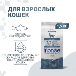 Сухой корм Monge Сухой корм Monge Cat Speciality Line Monoprotein Sterilised для стерилизованных кошек, из форели 1.5 кг