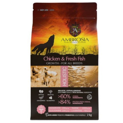 Сухой корм AMBROSIA GRAIN FREE холистик для щенков всех пород, курица, рыба, 2кг