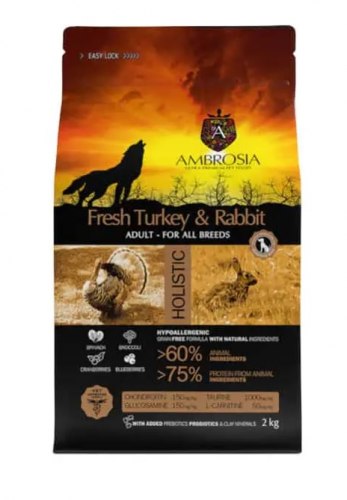 Сухой корм AMBROSIA GRAIN FREE холистик для собак всех пород, индейка, кролик, 2кг