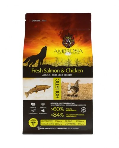 Сухой корм холистик AMBROSIA ''GRAIN FREE" для собак мелких пород, лосось, курица, 6 кг