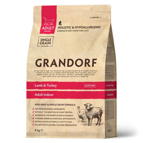 Сухой корм Grandorf CAT Lamb&Turkey INDOOR ягнёнок с индейкой для дом. кошек 8 кг