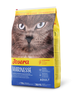 Сухой корм Josera Marinesse для кошек неравнодушных к рыбе и страдающих пищевой непереносимостью, особая рецептура включает в себя белки только из нескольких источников: лосося, риса и картофеля 2кг
