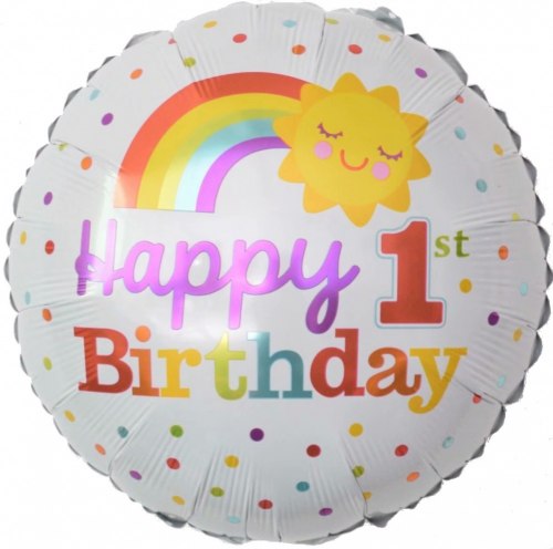 Фольгированный шар "Круг, С Днем Рождения, 1 Годик! (радуга), Белый" 18″ (46 см)