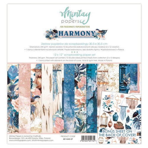 Набор бумаги Harmony, 12 листов + 1 лист для вырезания, 30 х 30 см., Mintay Papers