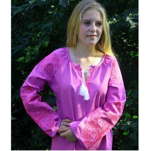 Жіноча вишита блуза Ольга на фіолетовому льоні з білою вишивкою