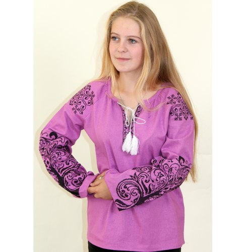 Жіноча вишита блуза Ольга на фіолетовому льоні з білою вишивкою
