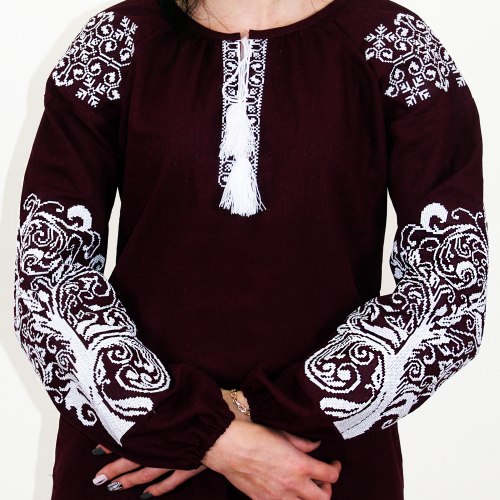 Жіноча вишита блуза Ольга на бордовому льоні з білою вишивкою