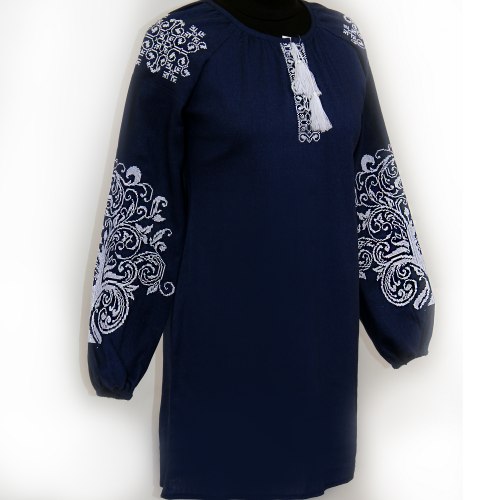 Жіноча вишита сукня Ольга на темно-синьому льоні з білою вишивкою