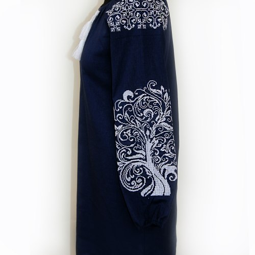 Жіноча вишита сукня Ольга на темно-синьому льоні з білою вишивкою