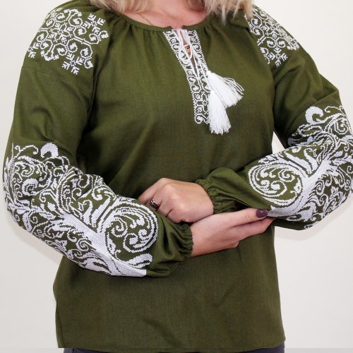 Жіноча вишита блуза Ольга на зеленому льоні з білою вишивкою