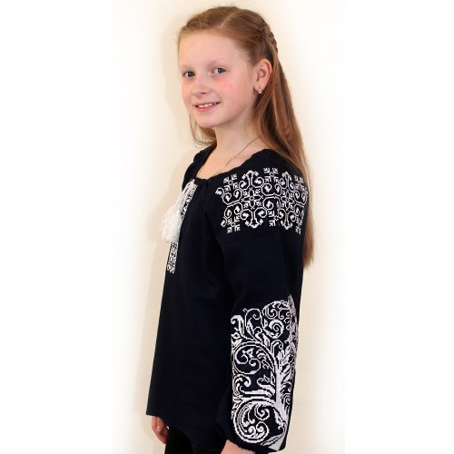 Дитяча вишита блуза Ольга на темно-синьому льоні з білою вишивкою