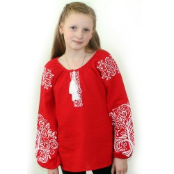Дитяча вишита блуза Ольга на червоному льоні з білою вишивкою