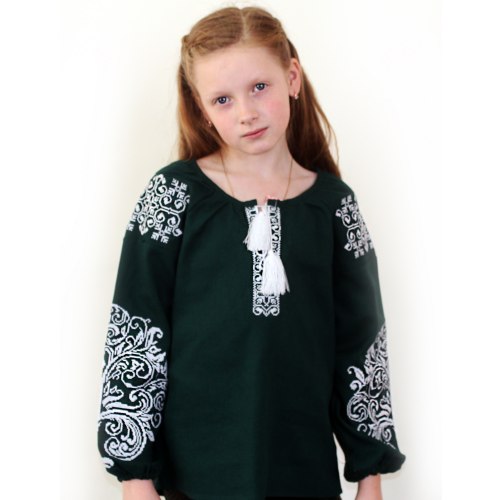 Дитяча вишита блуза Ольга на зеленому льоні з білою вишивкою
