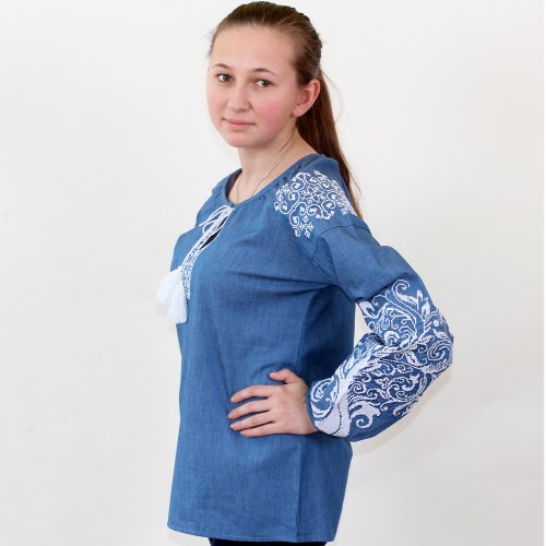 Жіноча вишита блуза Ольга (джинс) з білою та синьою вишивкою