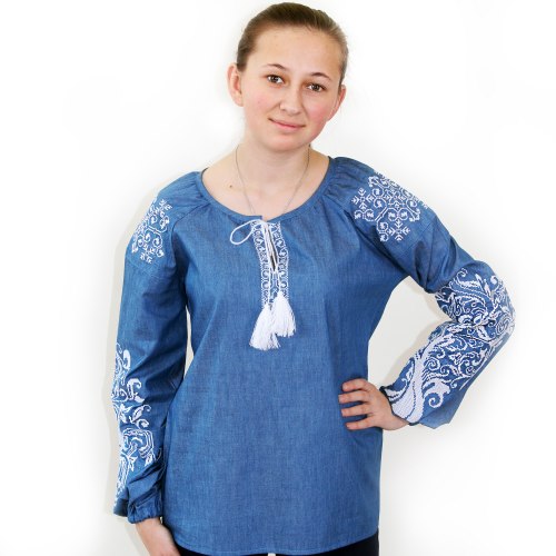 Жіноча вишита блуза Ольга (джинс) з білою та синьою вишивкою