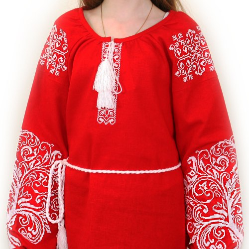 Жіноча вишита блуза Ольга на червоному льоні з білою вишивкою