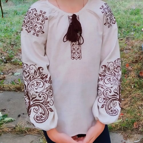 Дитяча вишита блуза Ольга на сірому льоні з коричневою вишивкою