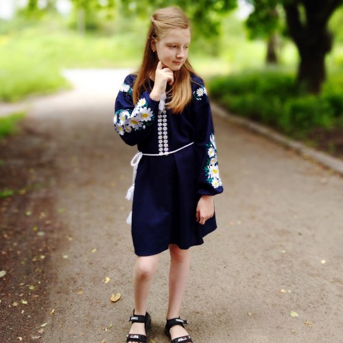 Дитяча вишита сукня Сара на синьому льоні