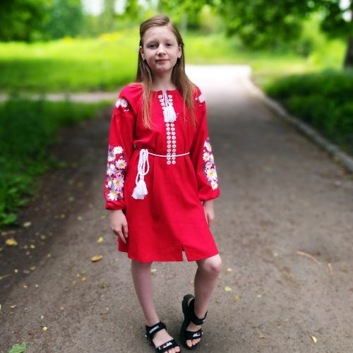 Дитяча вишита сукня Сара на червоному льоні