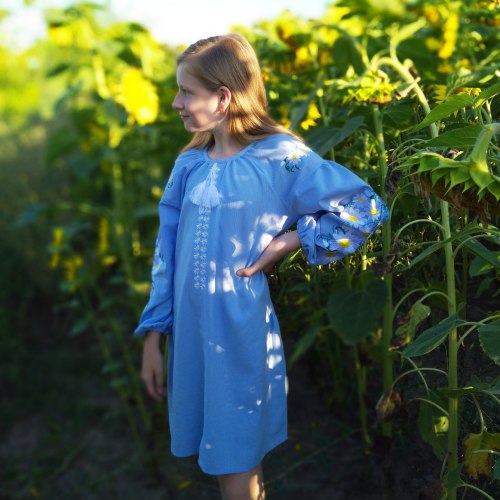 Дитяча вишита сукня Сара на блакитному льоні