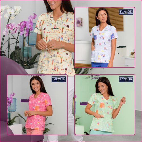 Женская медицинская блуза FormOK Асия розовая с принтом