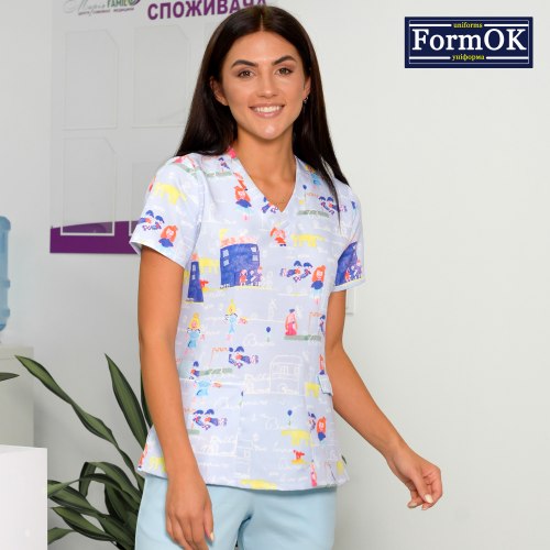 Женская медицинская блуза FormOK Асия голубая с принтом