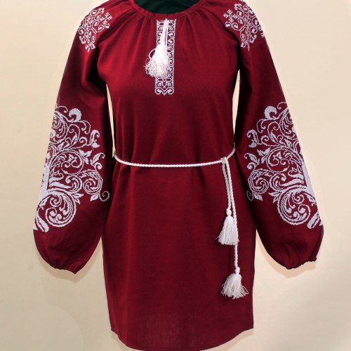 Жіноча вишита сукня Ольга на бордовому льоні з білою вишивкою