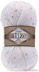 Alize Superlana Midi Pullu цвет 55 белый Alize 5% пайетки, 23% шерсть, 5% полиамид, 67% акрил, длина в мотке 150 м.
