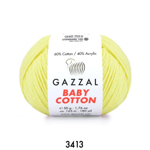 Пряжа Gazzal Baby Cotton цвет 3413 светло желтый Gazzal 60% хлопок, 40% акрил. Моток 50 гр. 165 м.