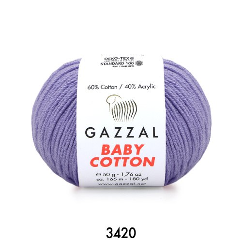 Пряжа Gazzal Baby Cotton цвет 3420 сиреневый Gazzal 60% хлопок, 40% акрил. Моток 50 гр. 165 м.