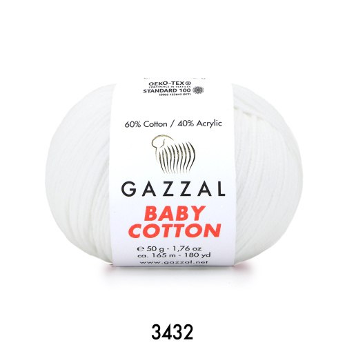 Пряжа Gazzal Baby Cotton цвет 3432 белый Gazzal 60% хлопок, 40% акрил. Моток 50 гр. 165 м.