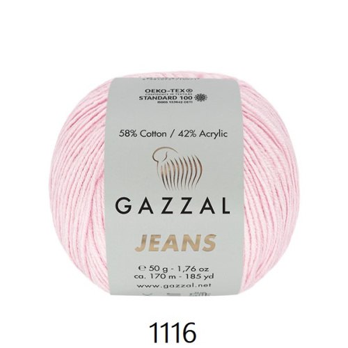 Gazzal Jeans, цвет 1116 светло розовый Gazzal 58% хлопок, 42% акрил, длина в мотке 170 м.