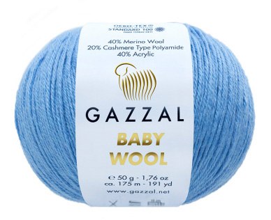 Пряжа Gazzal Baby Wool цвет 813 голубой Gazzal 40% меринос, 20% кашемир, 40% акрил. Моток 50 гр. 175 м.