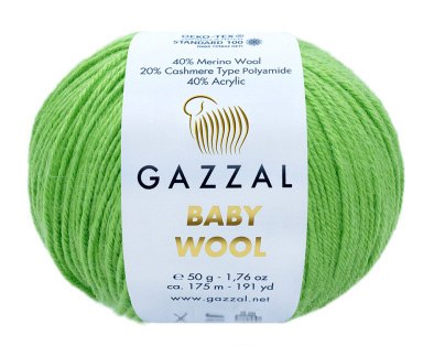 Пряжа Gazzal Baby Wool цвет 821 зеленый горошек Gazzal 40% меринос, 20% кашемир, 40% акрил. Моток 50 гр. 175 м.
