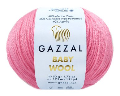 Пряжа Gazzal Baby Wool цвет 828 розовый Gazzal 40% меринос, 20% кашемир, 40% акрил. Моток 50 гр. 175 м.
