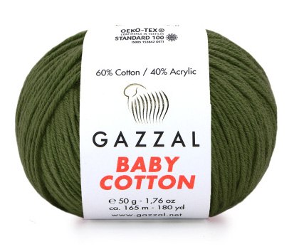 Пряжа Gazzal Baby Cotton цвет 3463 темный хаки. ОСТАТОК 1 моток!!! Gazzal 60% хлопок, 40% акрил. Моток 50 гр. 165 м.