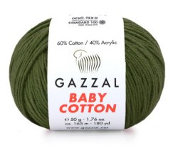 Пряжа Gazzal Baby Cotton цвет 3463 темный хаки Gazzal 60% хлопок, 40% акрил. Моток 50 гр. 165 м.