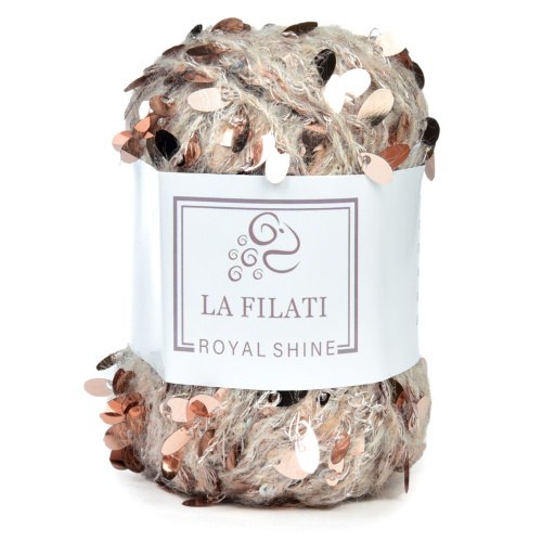 La Filati Royal Shine цвет 020 Nako 50.7% пайетки, 5,5% хлопок, 27,4% полиэстер, 12% акрил, 0,9% шерсть, 2,7% нейлон, 0,8% спандекс, моток 50 г., длина в мотке 70 м.