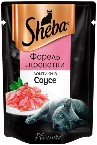 Консерва Sheba Pleasure для взрослых кошек. Ломтики в соусе. Форель/креветки 85г