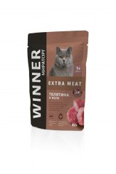 Влажный корм Winner Extra Meat для взрослых кошек с чувствительным пищ-м "Телятина в желе" 80г
