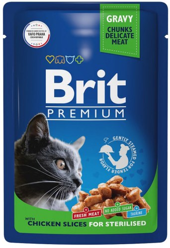 Консерва Brit Premium для взрослых стерилизованных кошек, цыпленок в соусе 85г