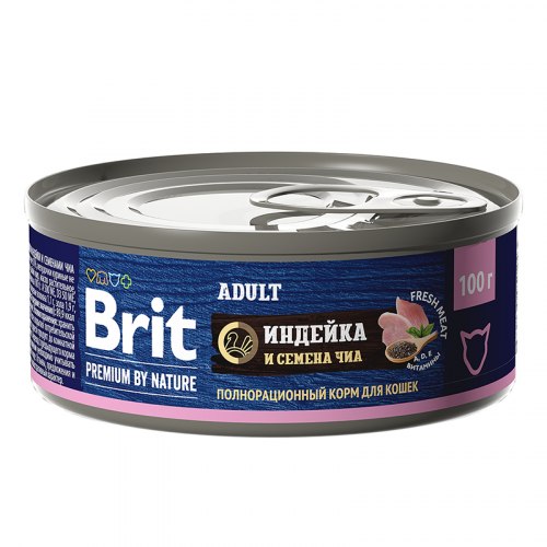 Консерва Brit Premium by Nature с мясом индейки и семенами чиа для кошек, 100г